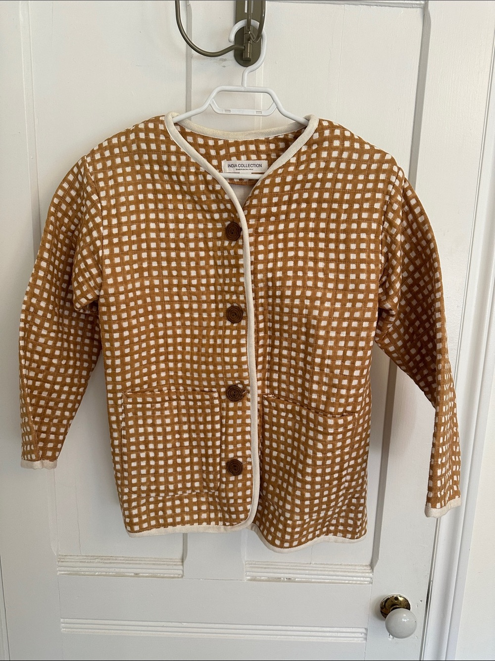 Emerson Fry 100% organic cotton Quilted Grid Jacket in Camel and Cream medium